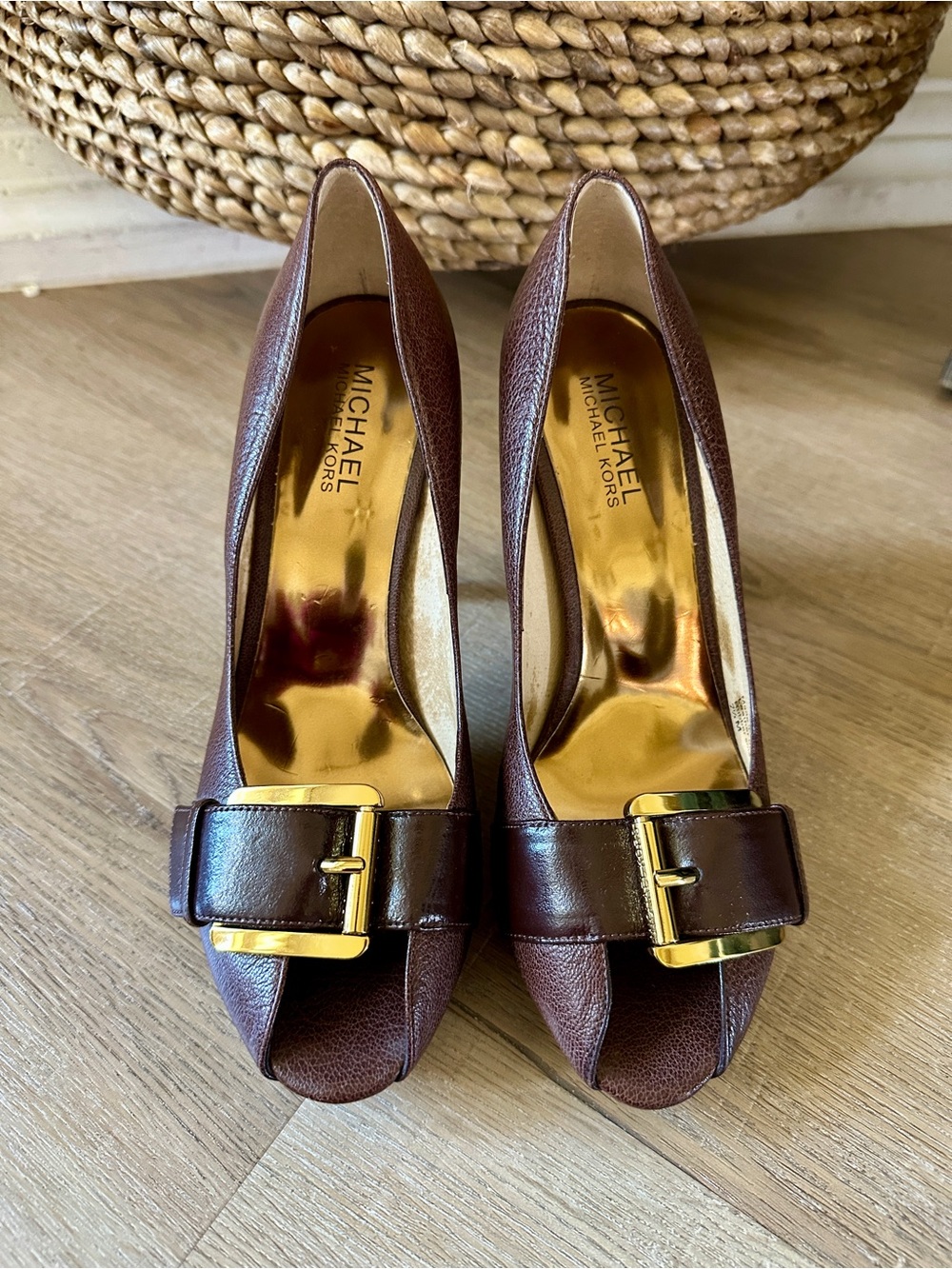 MICHAEL Michael Kors Brown Leather Peep-Toe Pumps with Gold Buckle - EUC